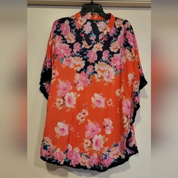 Tolani Collection NWOT wing sleeve coral, pink, blue, teal tropical flower top - Picture 3 of 8